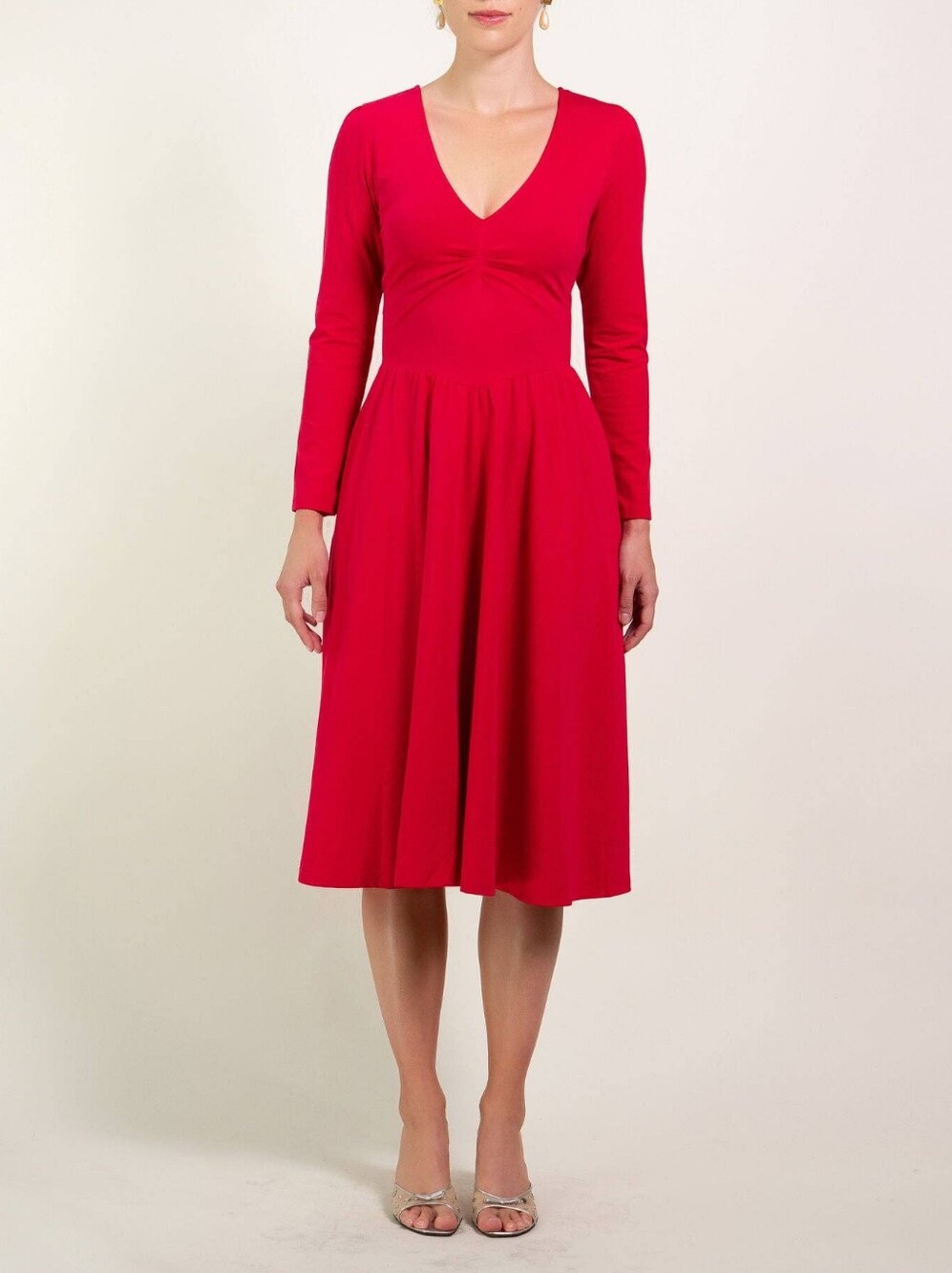 Women's Red V-Neck Long Sleeve Midi Dress